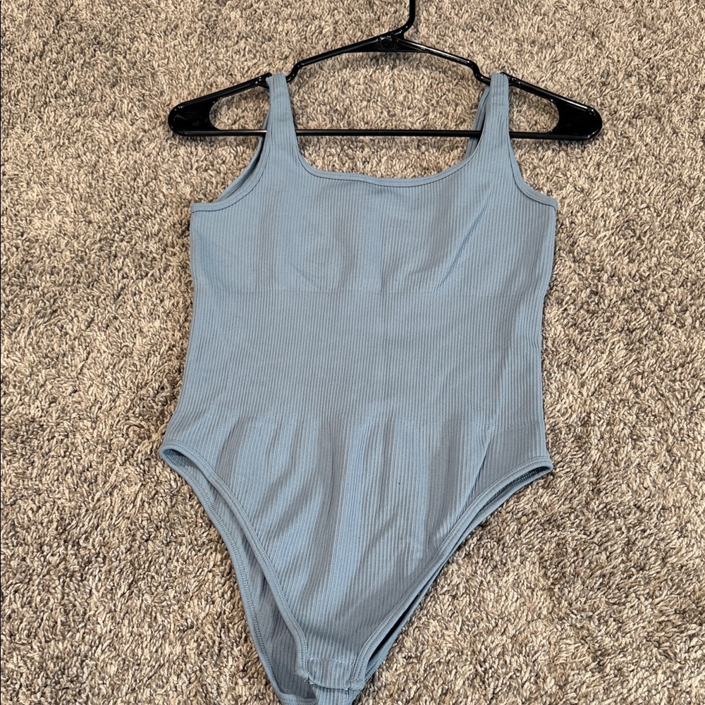 Ribbed Square-Neck Tank Bodysuit - Light Blue